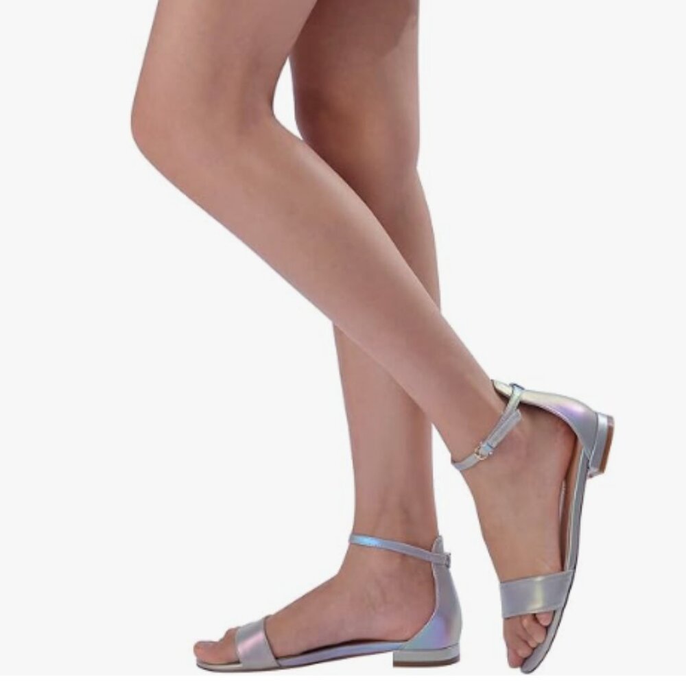 XYD Silver Open Toe Strappy Low Block Heel Sandal Ankle Strap with Buckle